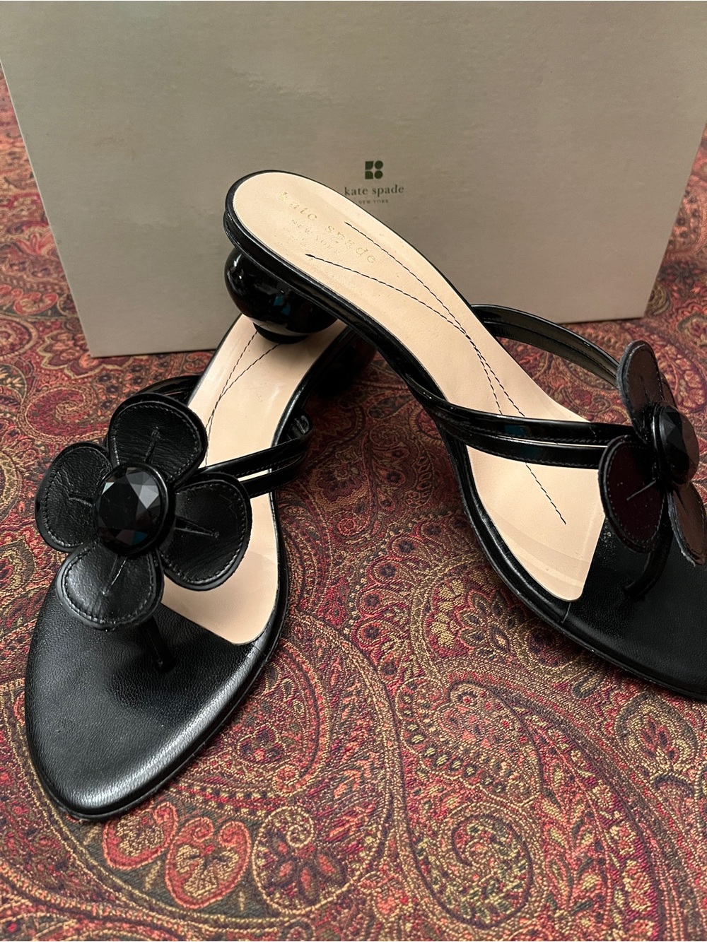 Rare Kate Spade Friday Thong Sandals Black Leather Ball Heel Italy Size 8.5 M